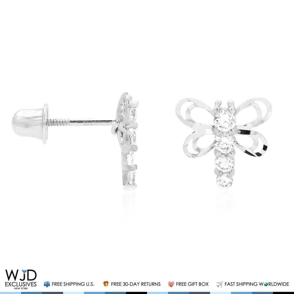14K White Gold Diamond-Cut CZ Dragonfly Screw Back Stud Earrings