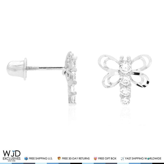 14K Solid White Gold Diamond Cut White Zircon Dragonfly Screwback Stud Earrings