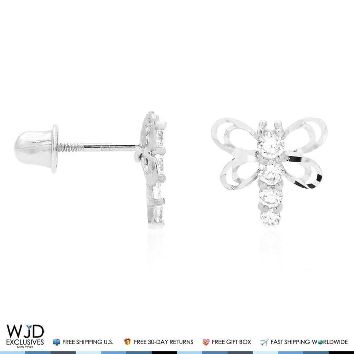 14K White Gold Diamond-Cut CZ Dragonfly Screw Back Stud Earrings