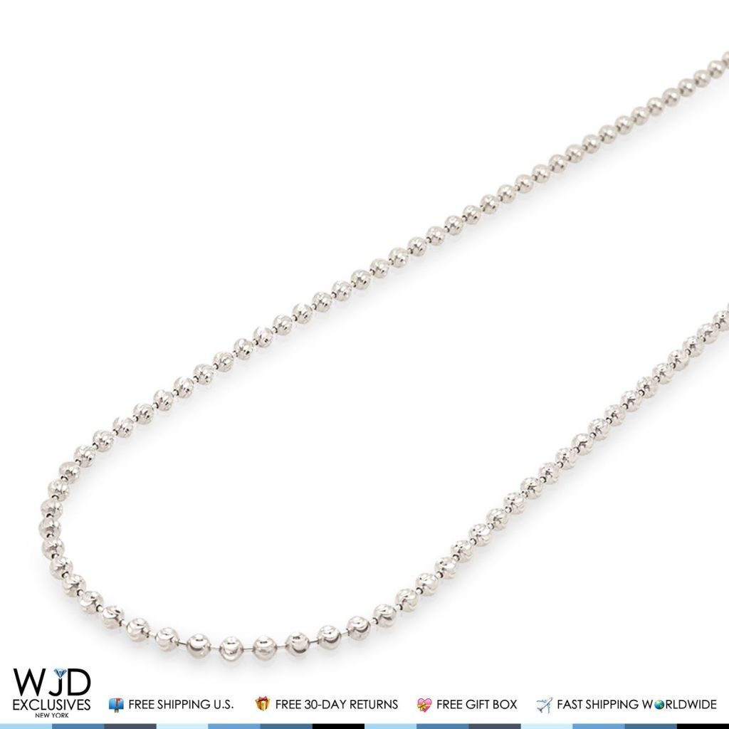 Solid 14K White Gold 2mm Moon Cut Bead Ball Chain Necklace 18"-28"
