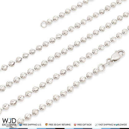 Solid 14K White Gold 2mm Moon Cut Bead Ball Chain Necklace 18"-28"