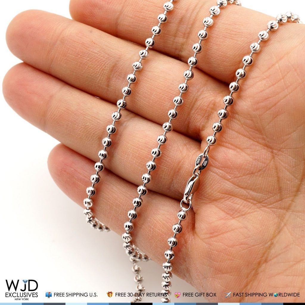 Solid 14K White Gold 3mm Moon Cut Ball Chain Necklace 24