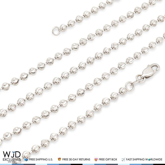Solid 14K White Gold 3mm Moon Cut Ball  Chain Necklace 24" 26" 28" 30"