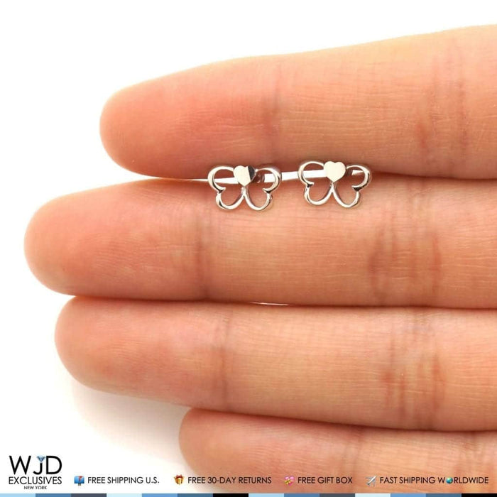 14K White Gold Open Heart Butterfly Baby Screw Back Stud Kid Earrings