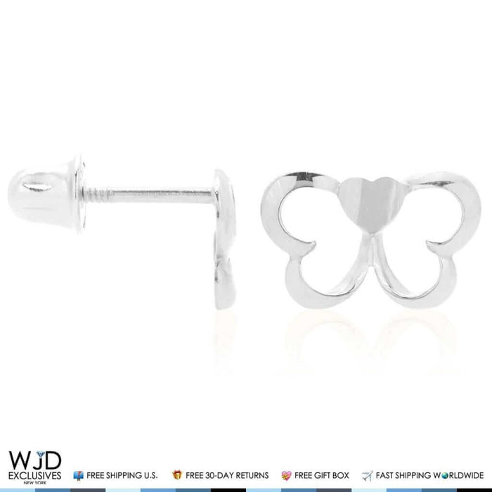 14K White Gold Open Heart Butterfly Baby Screw Back Stud Kid Earrings