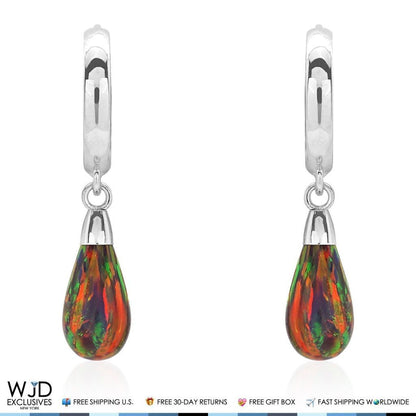 14K Solid White Gold Pear Shaped Black Fire Opal Huggie Hoop Dangle Earrings 1"
