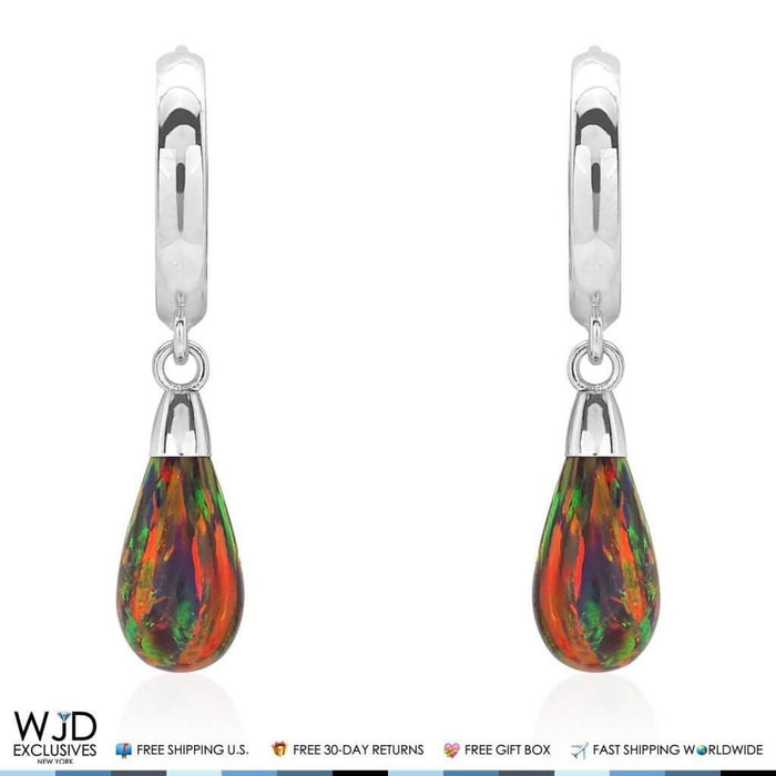 14K White Gold Pear Shaped Black Fire Opal Huggie Hoop Dangle Earrings 1"