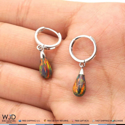 14K Solid White Gold Pear Shaped Black Fire Opal Huggie Hoop Dangle Earrings 1"