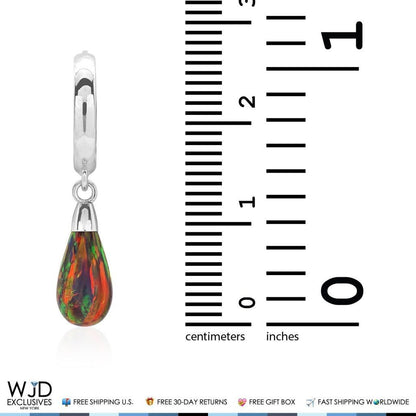 14K Solid White Gold Pear Shaped Black Fire Opal Huggie Hoop Dangle Earrings 1"