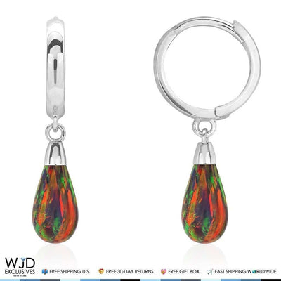 14K White Gold Pear Shaped Black Fire Opal Huggie Hoop Dangle Earrings 1"