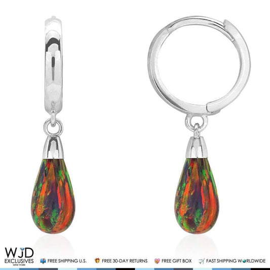 14K Solid White Gold Pear Shaped Black Fire Opal Huggie Hoop Dangle Earrings 1"