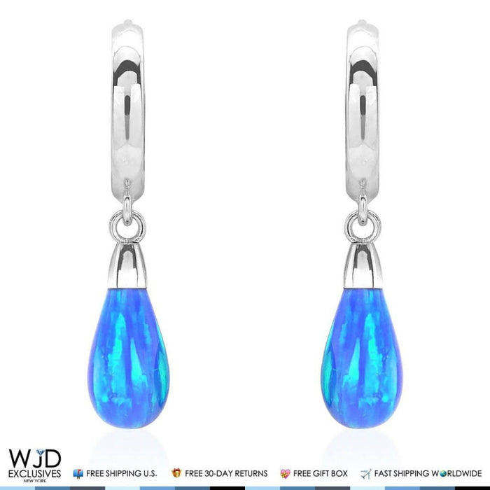 14K White Gold Pear Shaped Blue Fire Opal Huggie Hoop Dangle Earrings 1"
