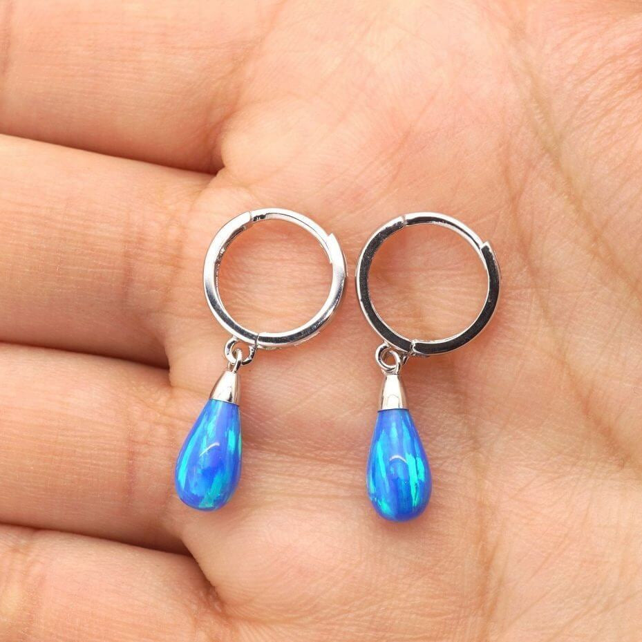 14K White Gold Pear Shaped Blue Fire Opal Huggie Hoop Dangle Earrings 1"