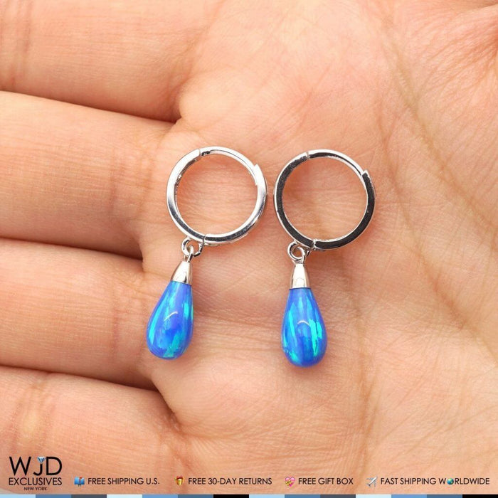 14K White Gold Pear Shaped Blue Fire Opal Huggie Hoop Dangle Earrings 1"