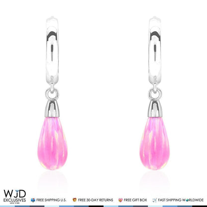 14K Solid White Gold Pear Shaped Pink Fire Opal Huggie Hoop Dangle Earrings 1"