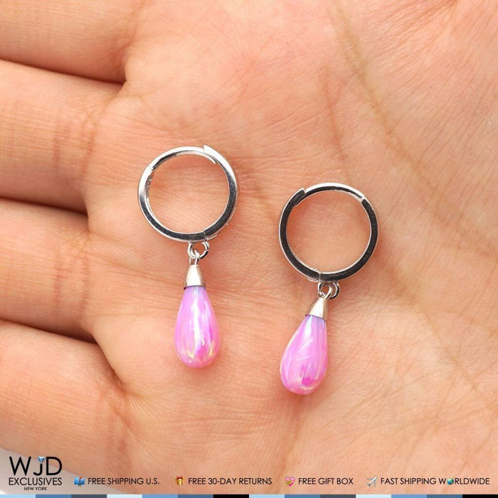 14K White Gold Pear Shaped Pink Fire Opal Huggie Hoop Dangle Earrings 1"