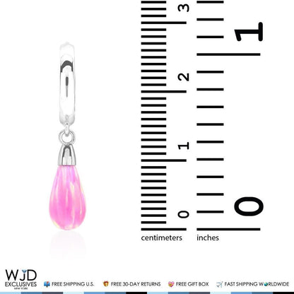14K Solid White Gold Pear Shaped Pink Fire Opal Huggie Hoop Dangle Earrings 1"