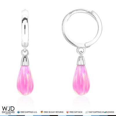 14K White Gold Pear Shaped Pink Fire Opal Huggie Hoop Dangle Earrings 1"
