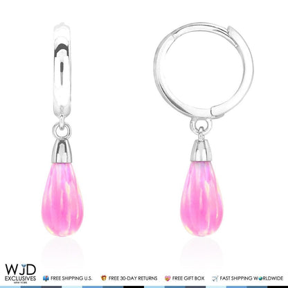 14K Solid White Gold Pear Shaped Pink Fire Opal Huggie Hoop Dangle Earrings 1"