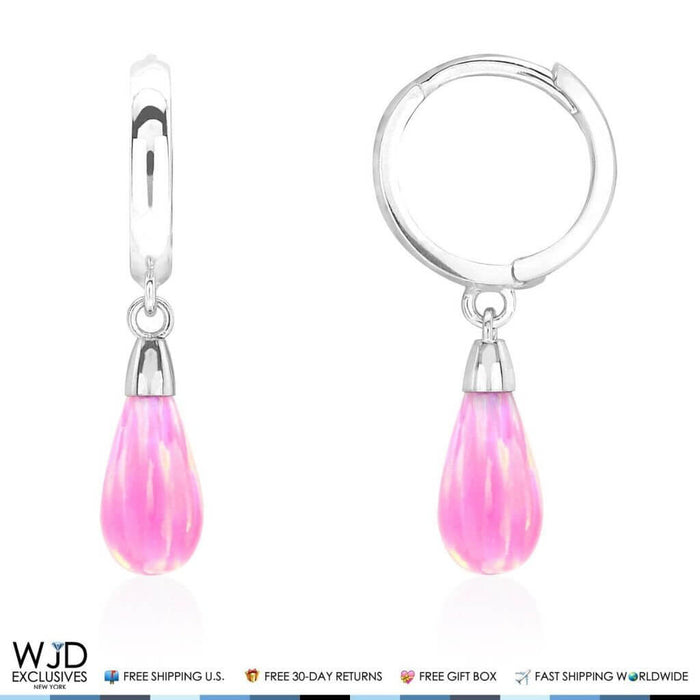 14K White Gold Pear Shaped Pink Fire Opal Huggie Hoop Dangle Earrings 1"