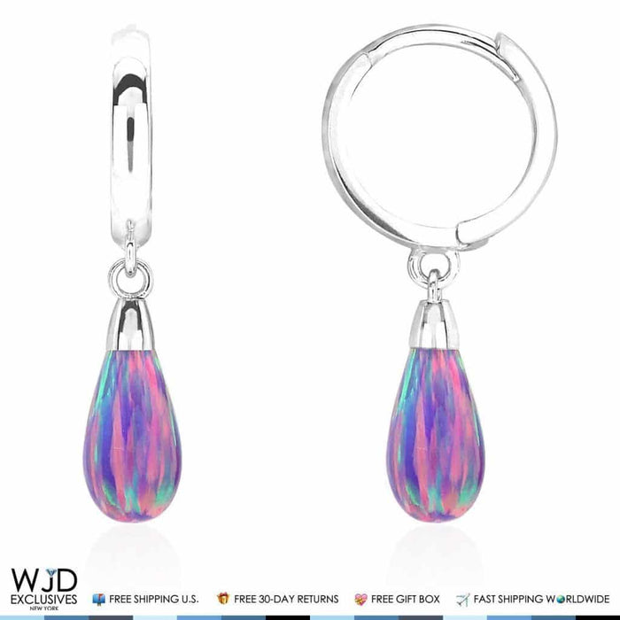 14K White Gold Pear Shaped Purple Fire Opal Huggie Hoop Dangle Earrings 1"