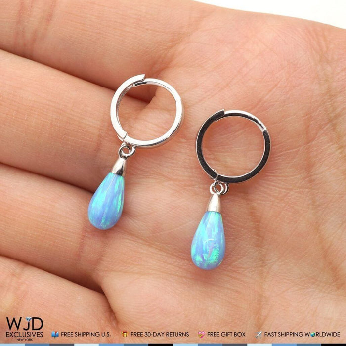14K White Gold Pear Shaped Sky Blue Fire Opal Huggie Hoop Dangle Earrings