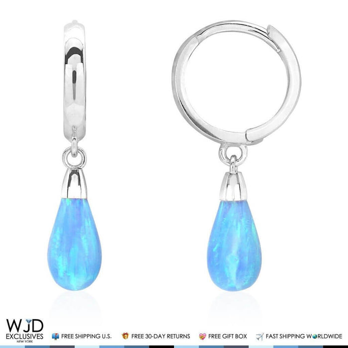 14K White Gold Pear Shaped Sky Blue Fire Opal Huggie Hoop Dangle Earrings