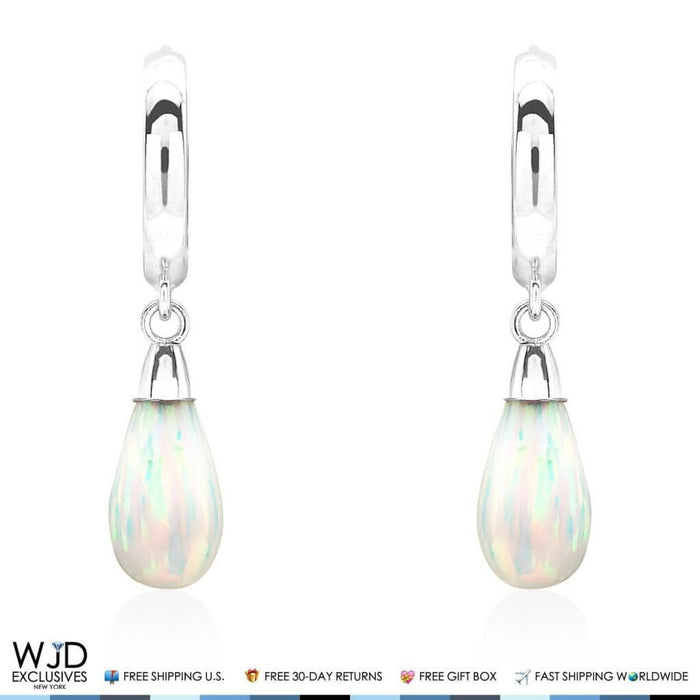 14K White Gold Pear Shaped White Fire Opal Huggie Hoop Dangle Earrings 1"
