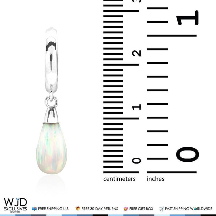 14K White Gold Pear Shaped White Fire Opal Huggie Hoop Dangle Earrings 1"