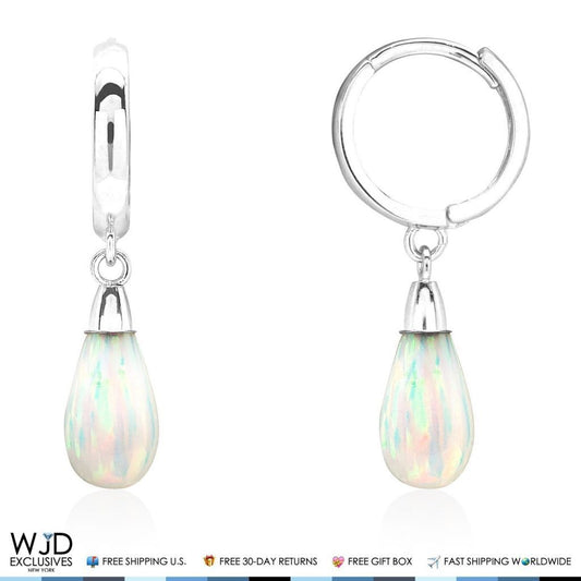 14K Solid White Gold Pear Shaped White Fire Opal Huggie Hoop Dangle Earrings 1"