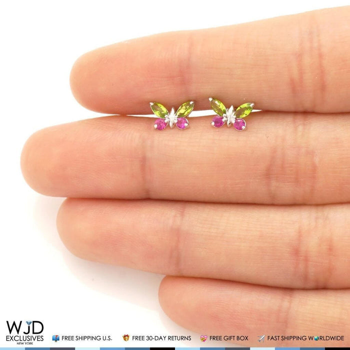 14K White Gold Peridot & Ruby Butterfly Baby Screw Back Stud Kid Earrings