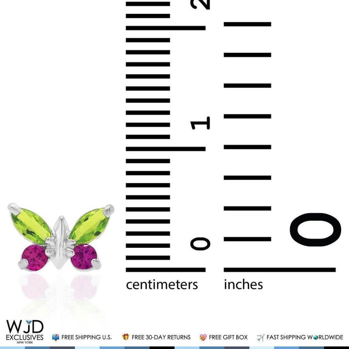 14K White Gold Peridot & Ruby Butterfly Baby Screw Back Stud Kid Earrings