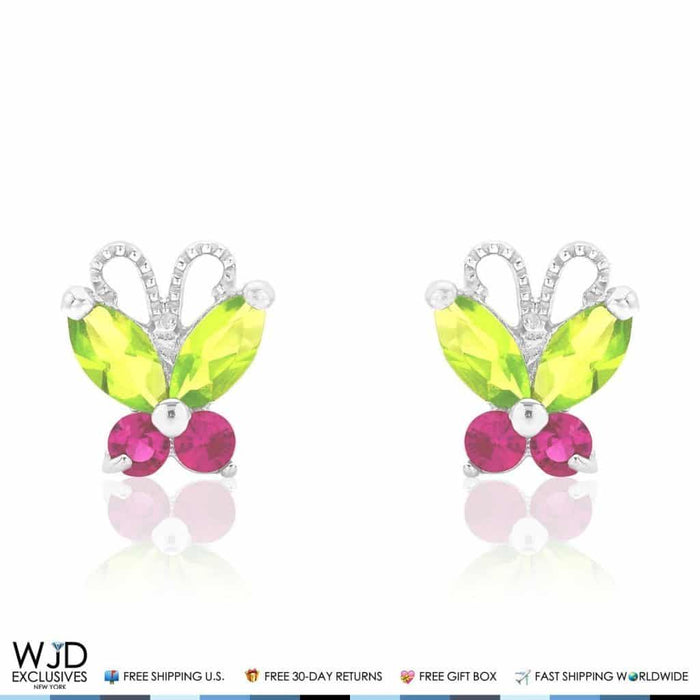 14K White Gold Peridot & Ruby Butterfly Baby Screw Back Stud Kids Earrings