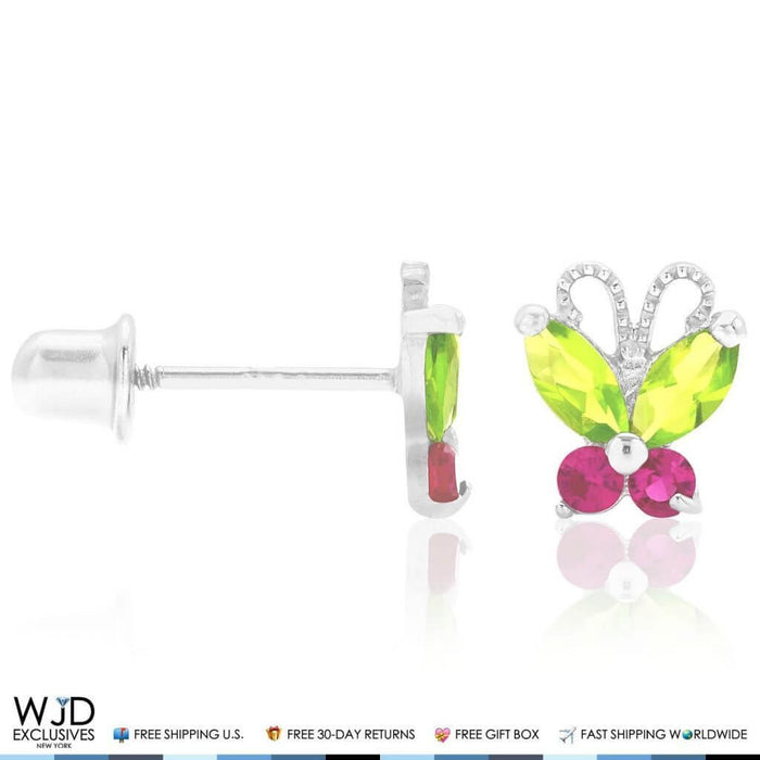 14K White Gold Peridot & Ruby Butterfly Baby Screw Back Stud Kids Earrings