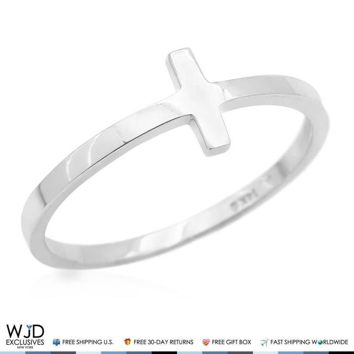 Solid 14K White Gold Sideways Cross Ring