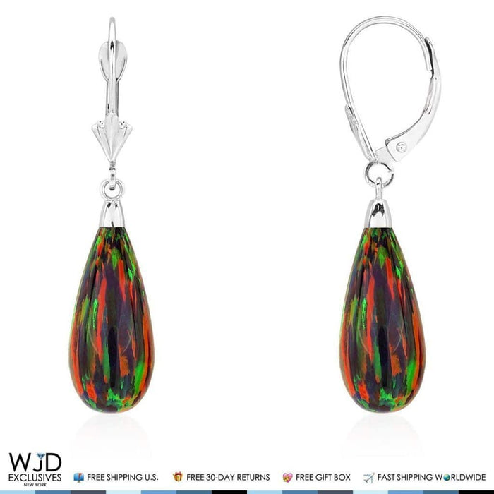 14k White Gold Fire Opal Teardrop Leverback Earrings 1.5"