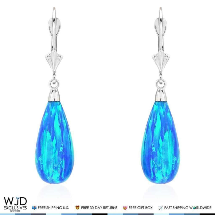 14K White Gold Tear Drop Shaped Blue Opal Leverback Dangle Earrings 1.5"