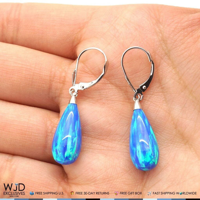 14K White Gold Tear Drop Shaped Blue Opal Leverback Dangle Earrings 1.5"