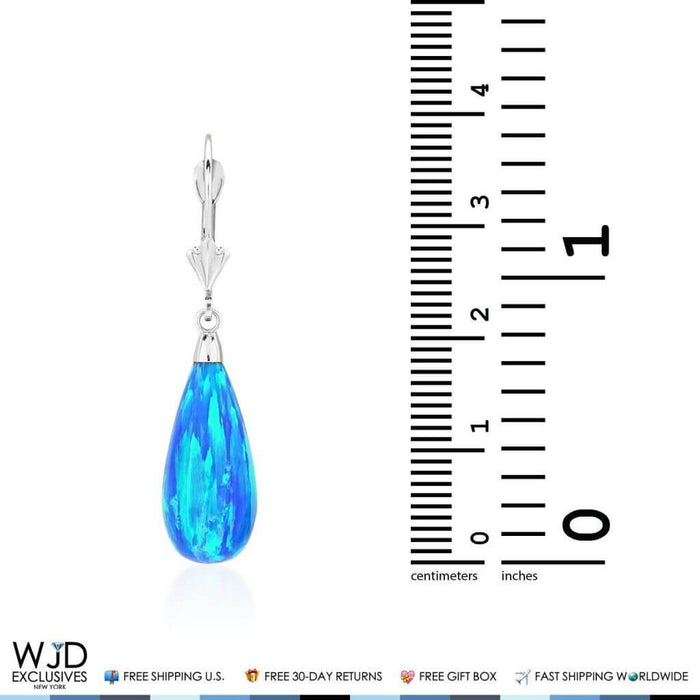 14K White Gold Tear Drop Shaped Blue Opal Leverback Dangle Earrings 1.5"