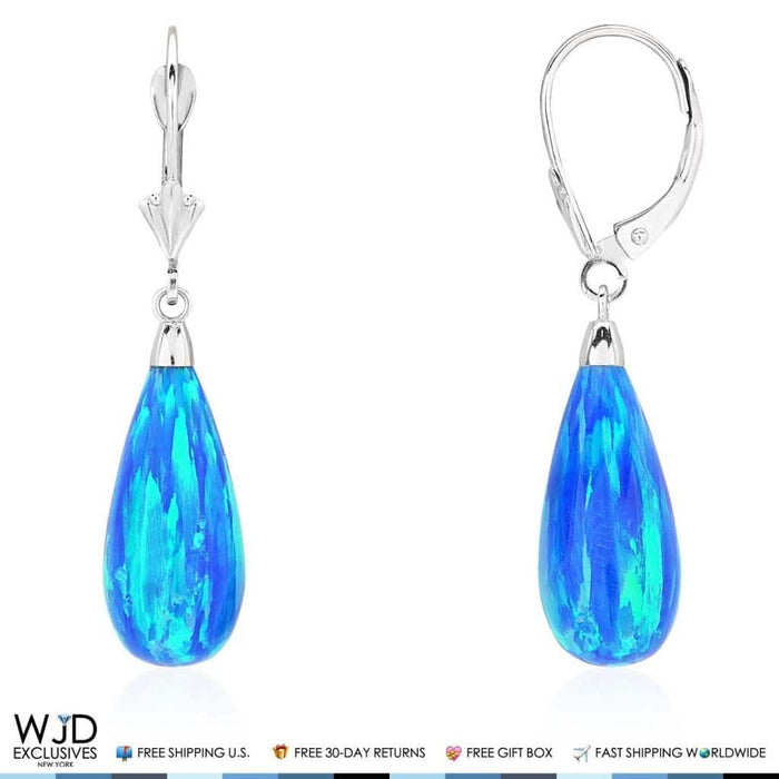 14K White Gold Tear Drop Shaped Blue Opal Leverback Dangle Earrings 1.5"