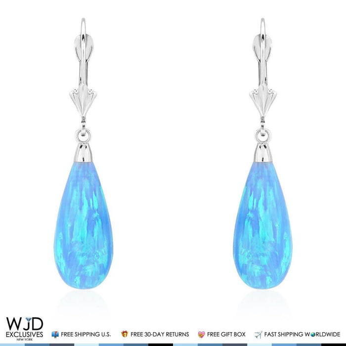 14K White Gold Tear Drop Sky Blue Opal Leverback Dangle Earrings 37mm
