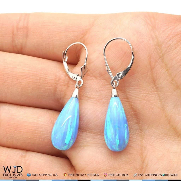 14K White Gold Tear Drop Sky Blue Opal Leverback Dangle Earrings 37mm