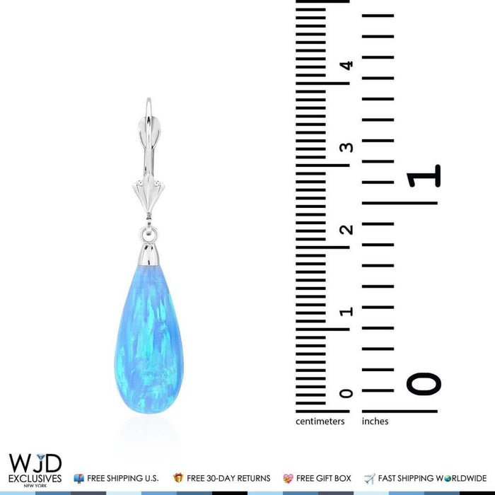 14K White Gold Tear Drop Sky Blue Opal Leverback Dangle Earrings 37mm