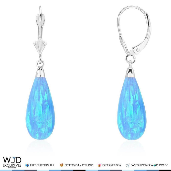 14K White Gold Tear Drop Sky Blue Opal Leverback Dangle Earrings 37mm