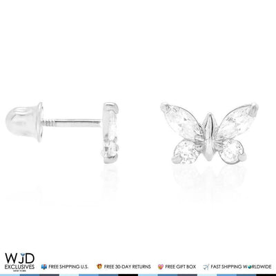 14K White Gold White Zircon Butterfly Baby Screw Back Stud Kid Earrings