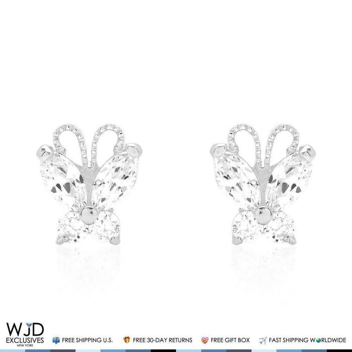 14K White Gold White Zircon Butterfly Baby Screw Back Stud Kids Earrings