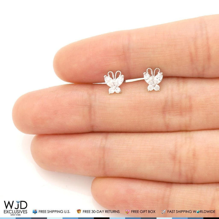 14K White Gold White Zircon Butterfly Baby Screw Back Stud Kids Earrings