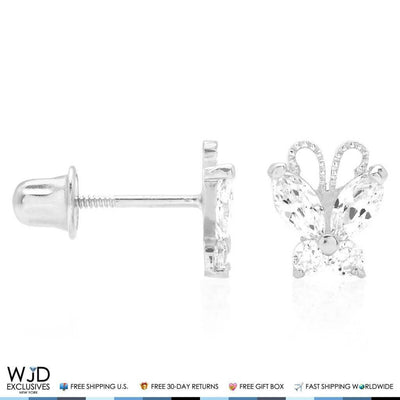 14K White Gold White Zircon Butterfly Baby Screw Back Stud Kids Earrings