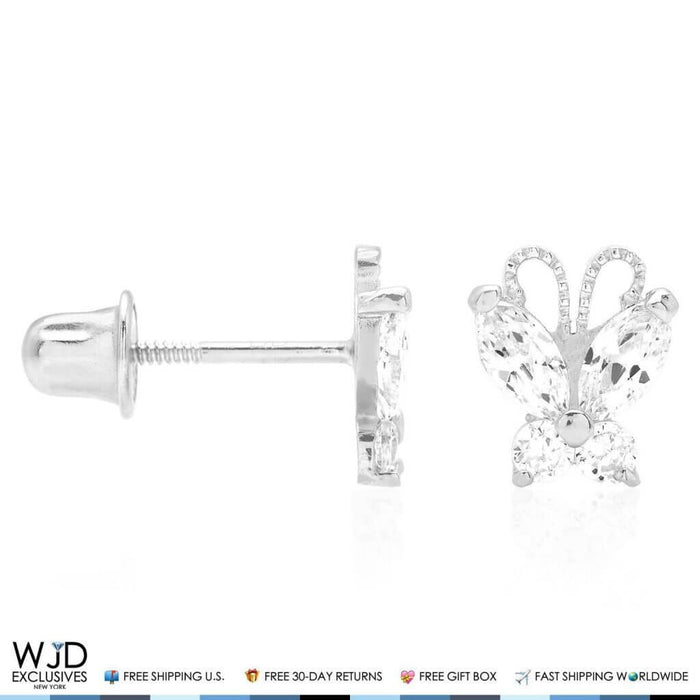 14K White Gold White Zircon Butterfly Baby Screw Back Stud Kids Earrings