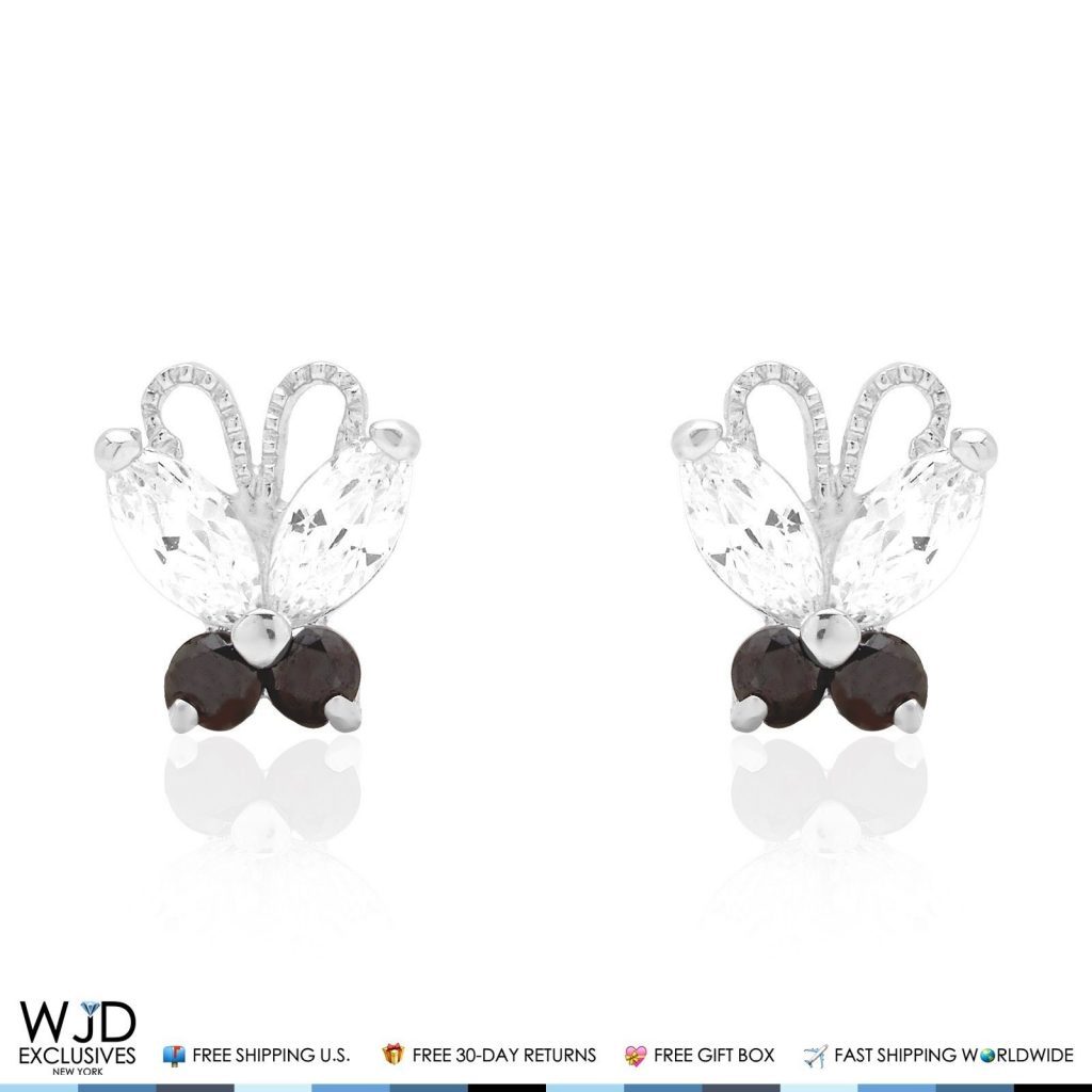14K Solid White Gold Zircon & Onyx Butterfly Baby Screwback Stud Kids Earrings